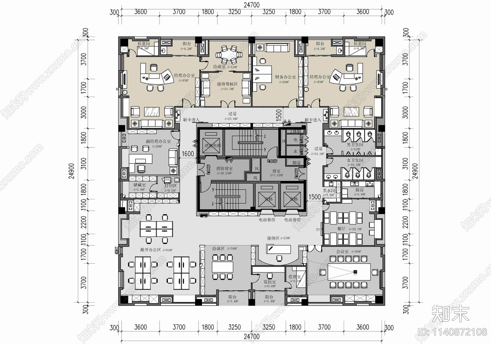 1800㎡三层办公室cad施工图下载【ID:1140872108】