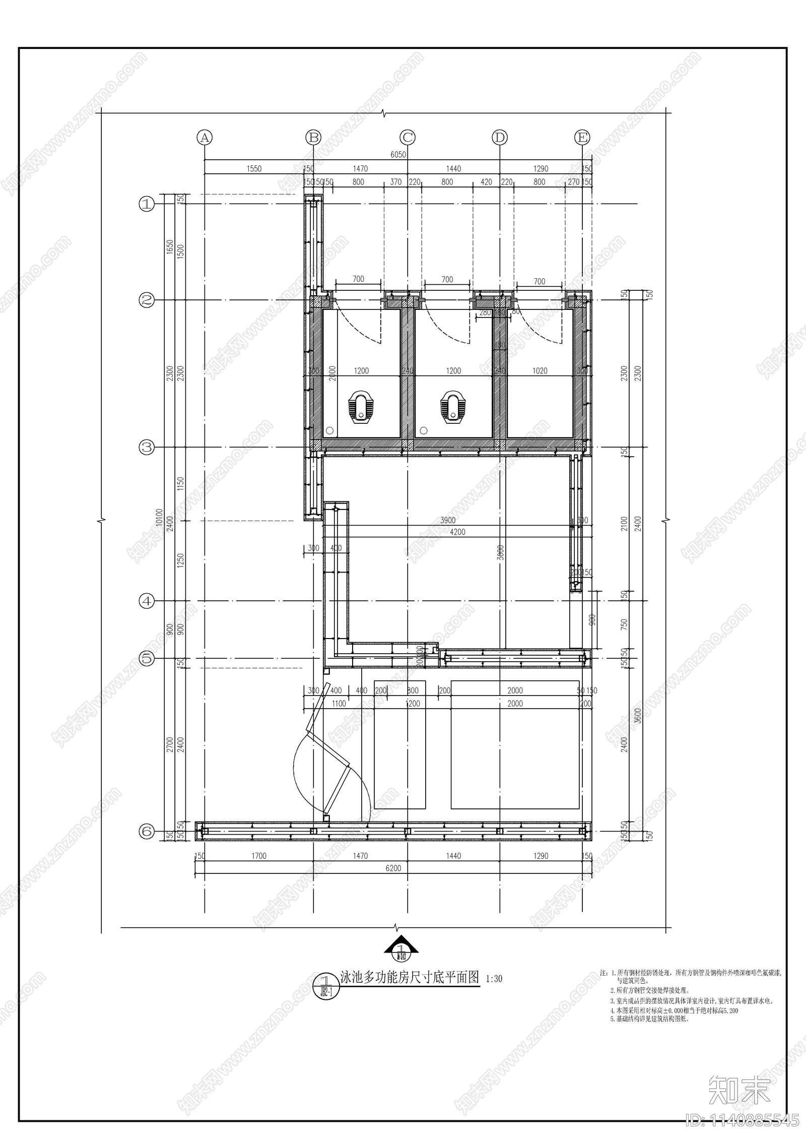 泳池更衣室cad施工图下载【ID:1140885545】