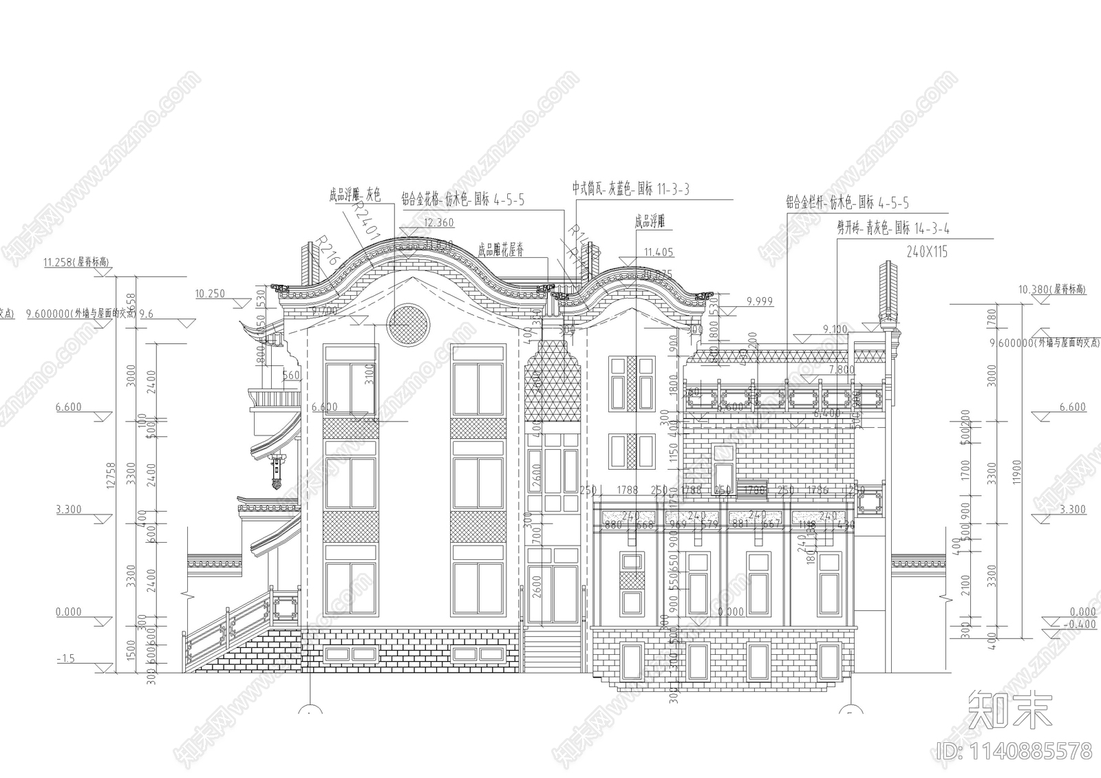 仿古双拼别墅建筑施工图下载【ID:1140885578】