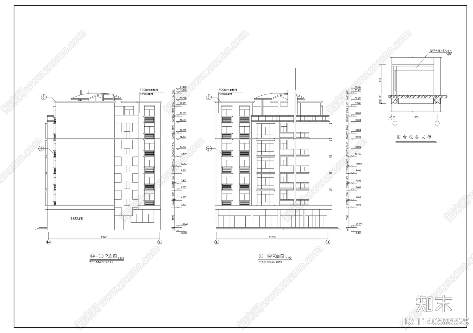 7层住宅双户型建筑cad施工图下载【ID:1140888329】