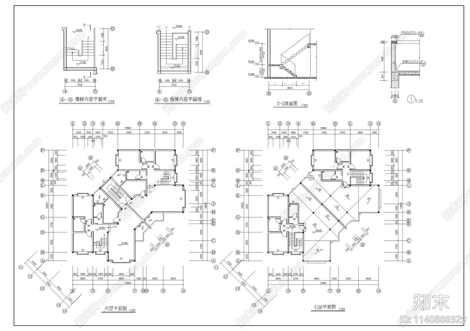 7层住宅双户型建筑cad施工图下载【ID:1140888329】