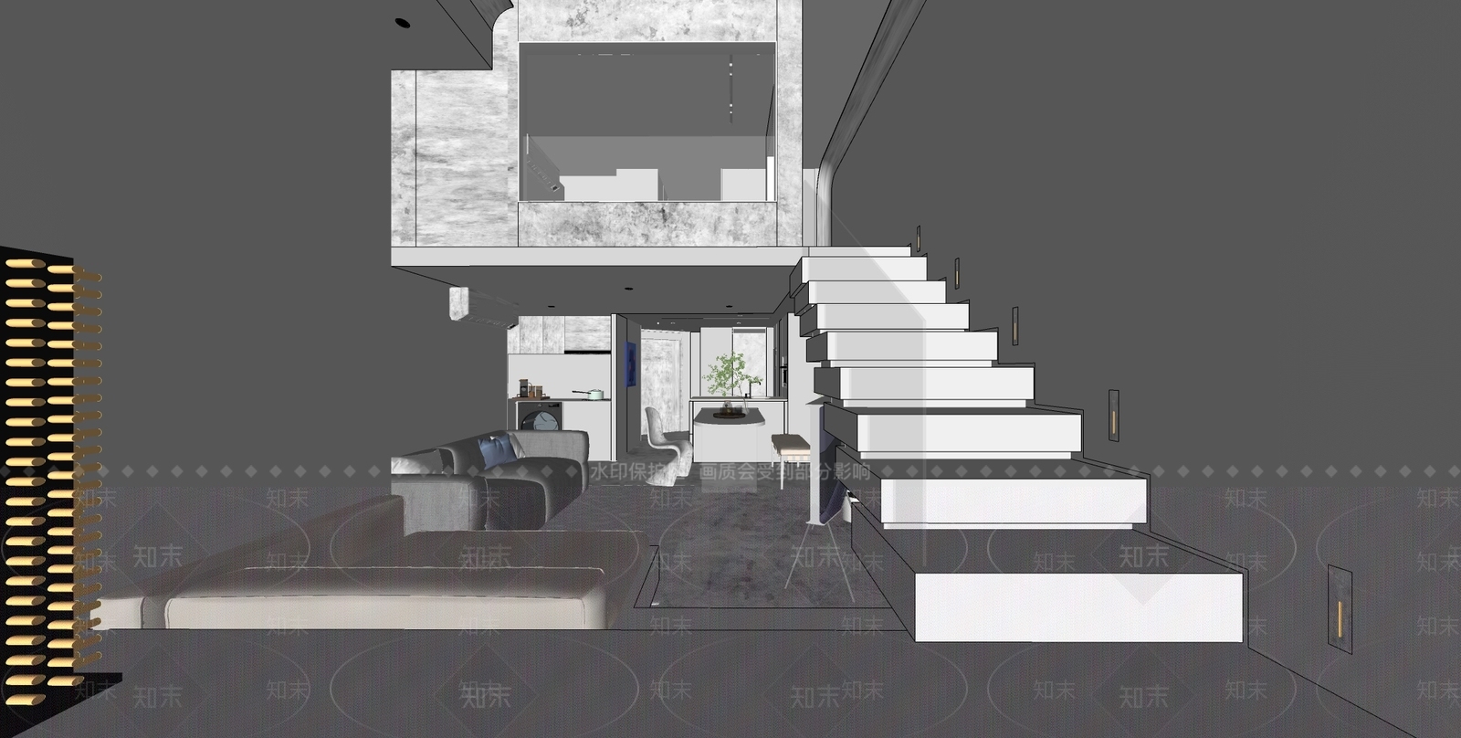 现代奶油风loft单身公寓SU模型下载【ID:1140888583】