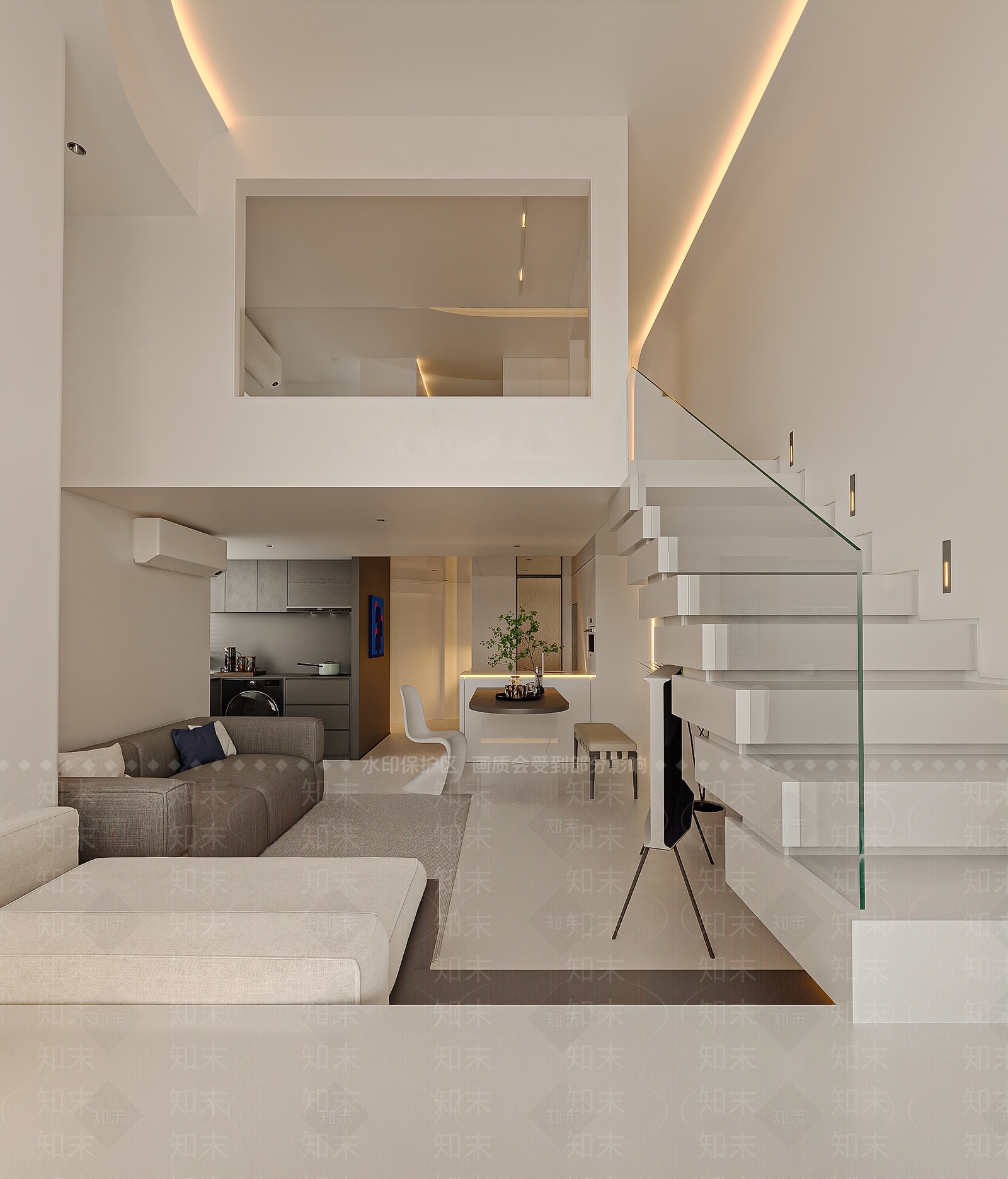 现代奶油风loft单身公寓SU模型下载【ID:1140888583】