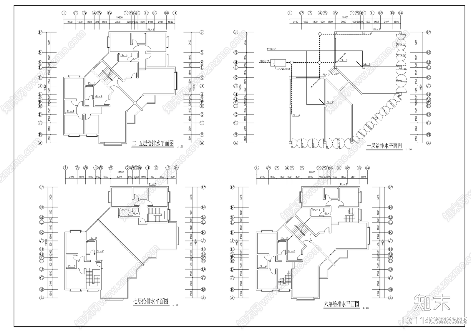 7层住宅双户型水电cad施工图下载【ID:1140888685】