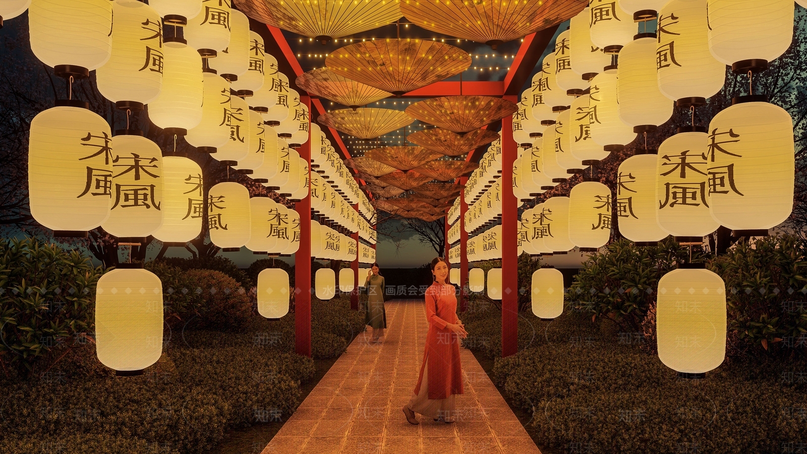 新中式古风灯笼长廊SU模型下载【ID:1140889407】