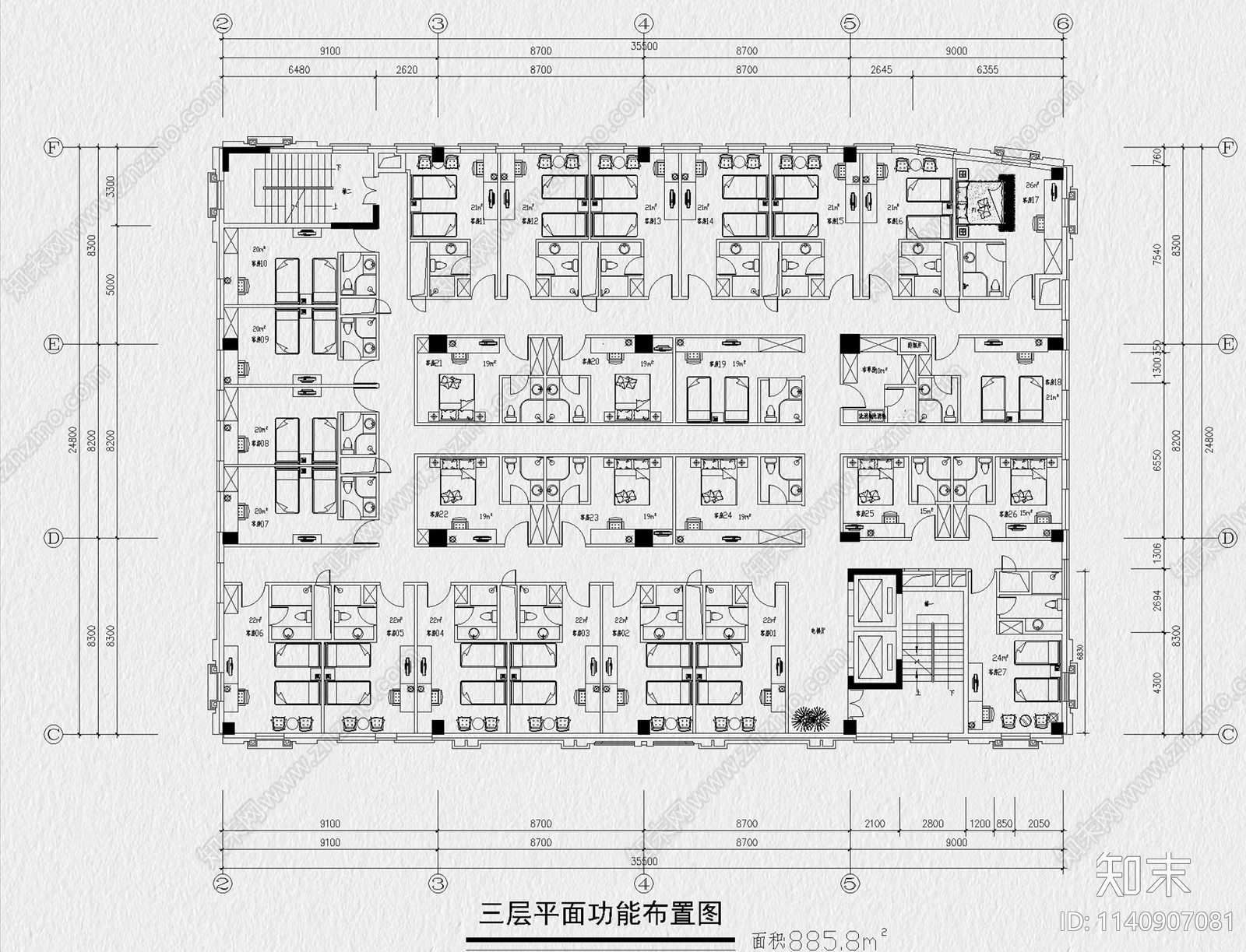 酒店大堂客房标间工装宾馆平面布置方案施工图下载【ID:1140907081】