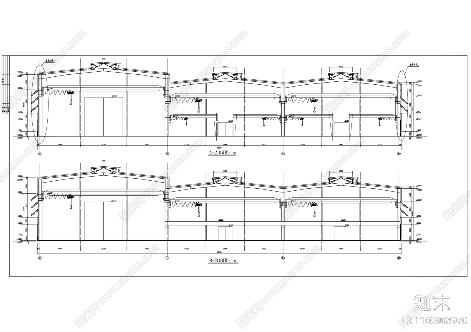 某3连高低跨厂房建筑cad施工图下载【ID:1140908970】