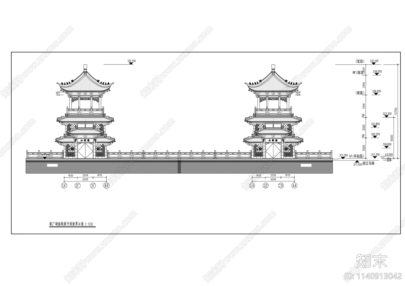 仿古景观塔cad施工图下载【ID:1140913042】