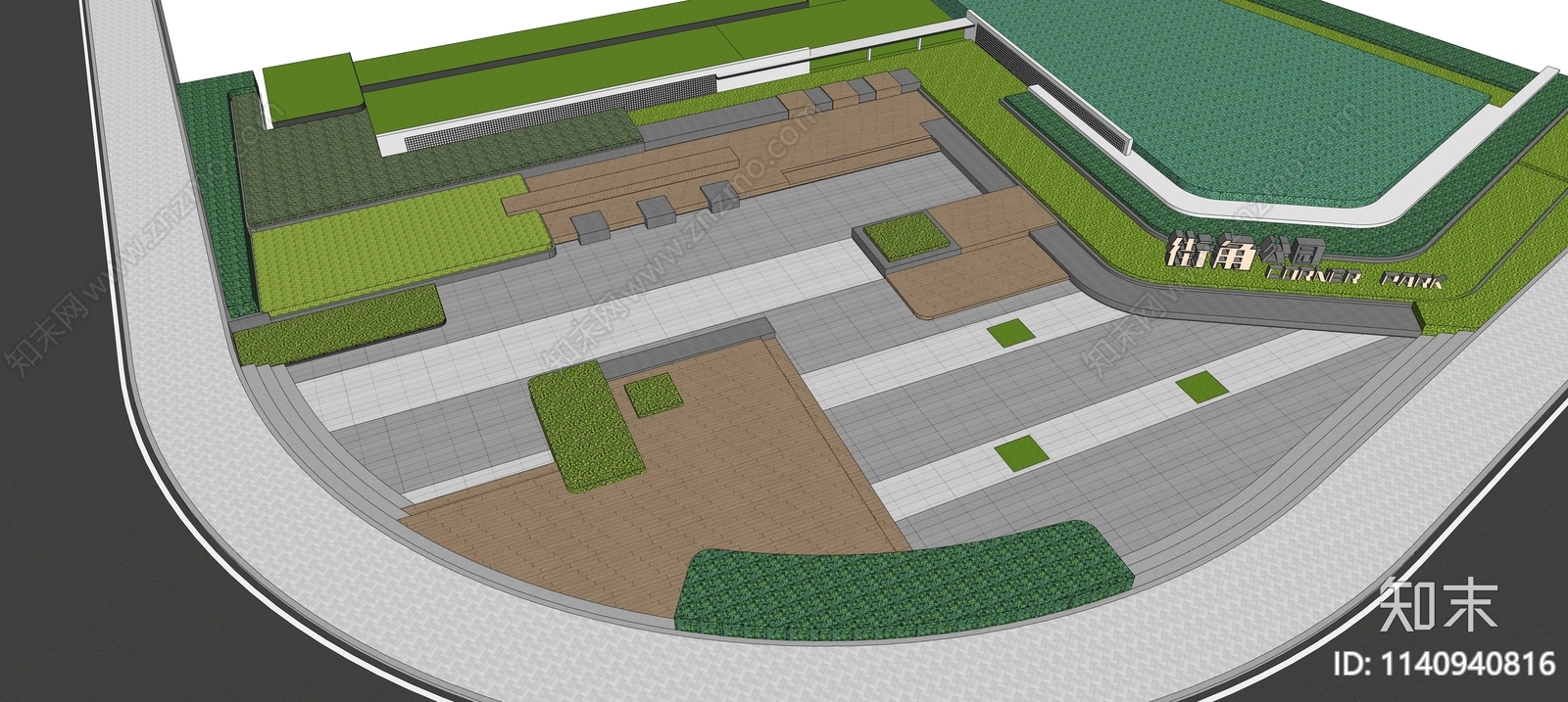 现代街角下沉广场景观SU模型下载【ID:1140940816】