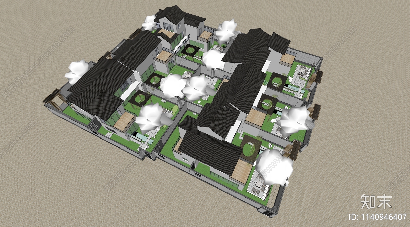 中式合院乡村民房SU模型下载【ID:1140946407】