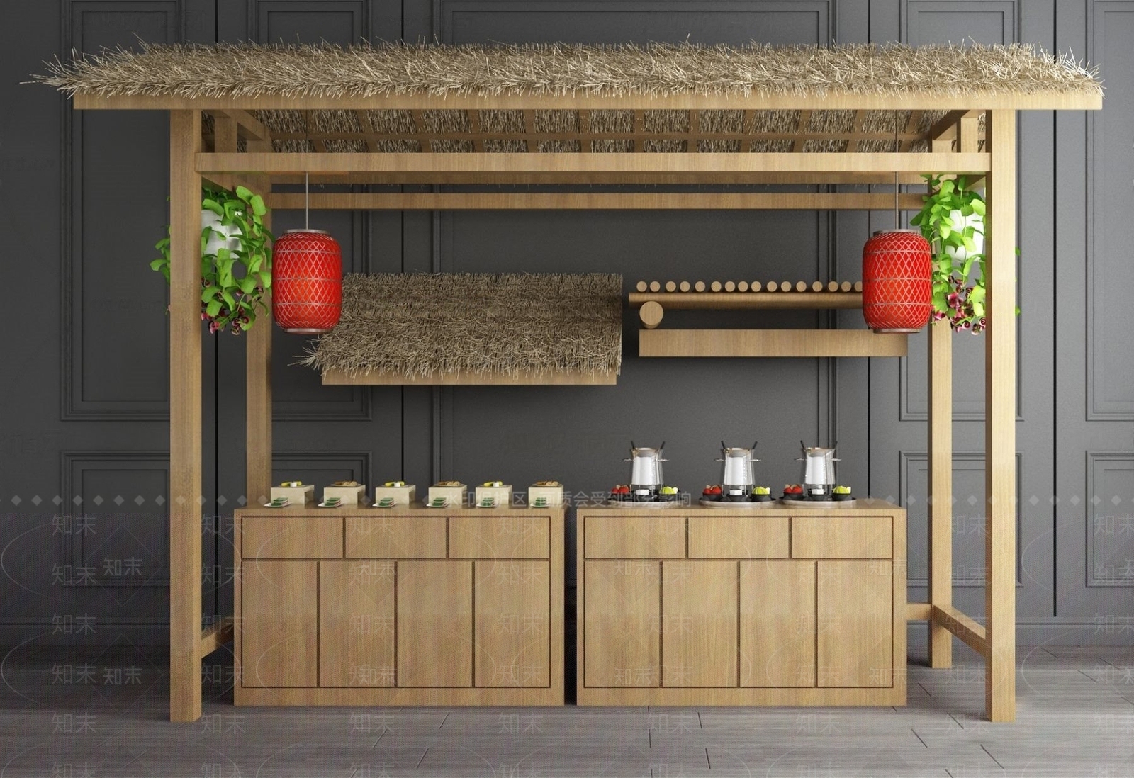 新中式茅草屋檐小吃摊推车外摆SU模型下载【ID:1140968407】