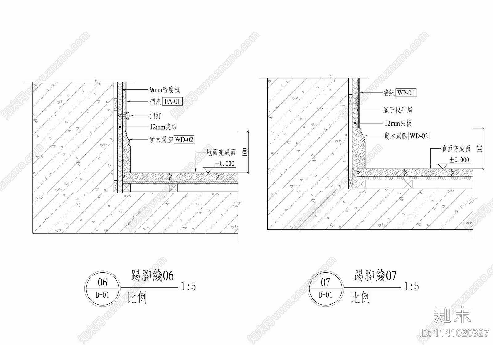 踢脚线与各类墙面装饰收口详图cad施工图下载【ID:1141020327】