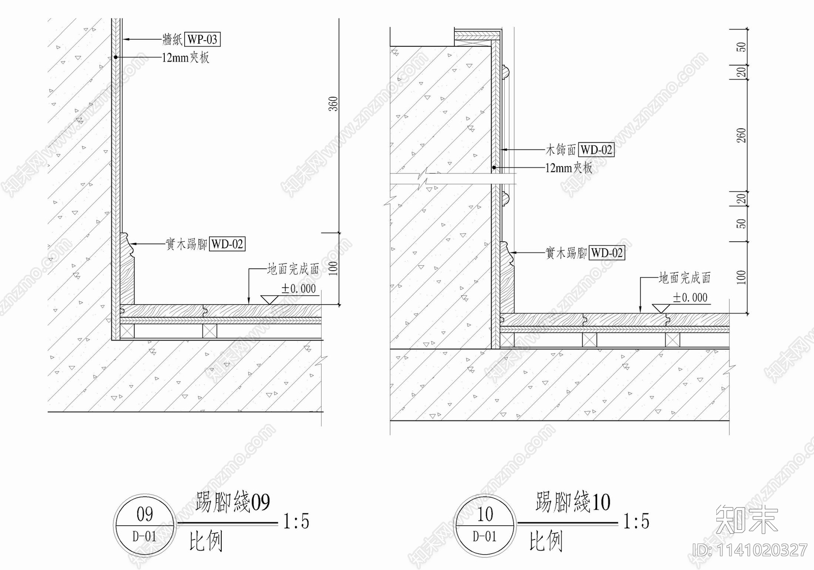 踢脚线与各类墙面装饰收口详图cad施工图下载【ID:1141020327】