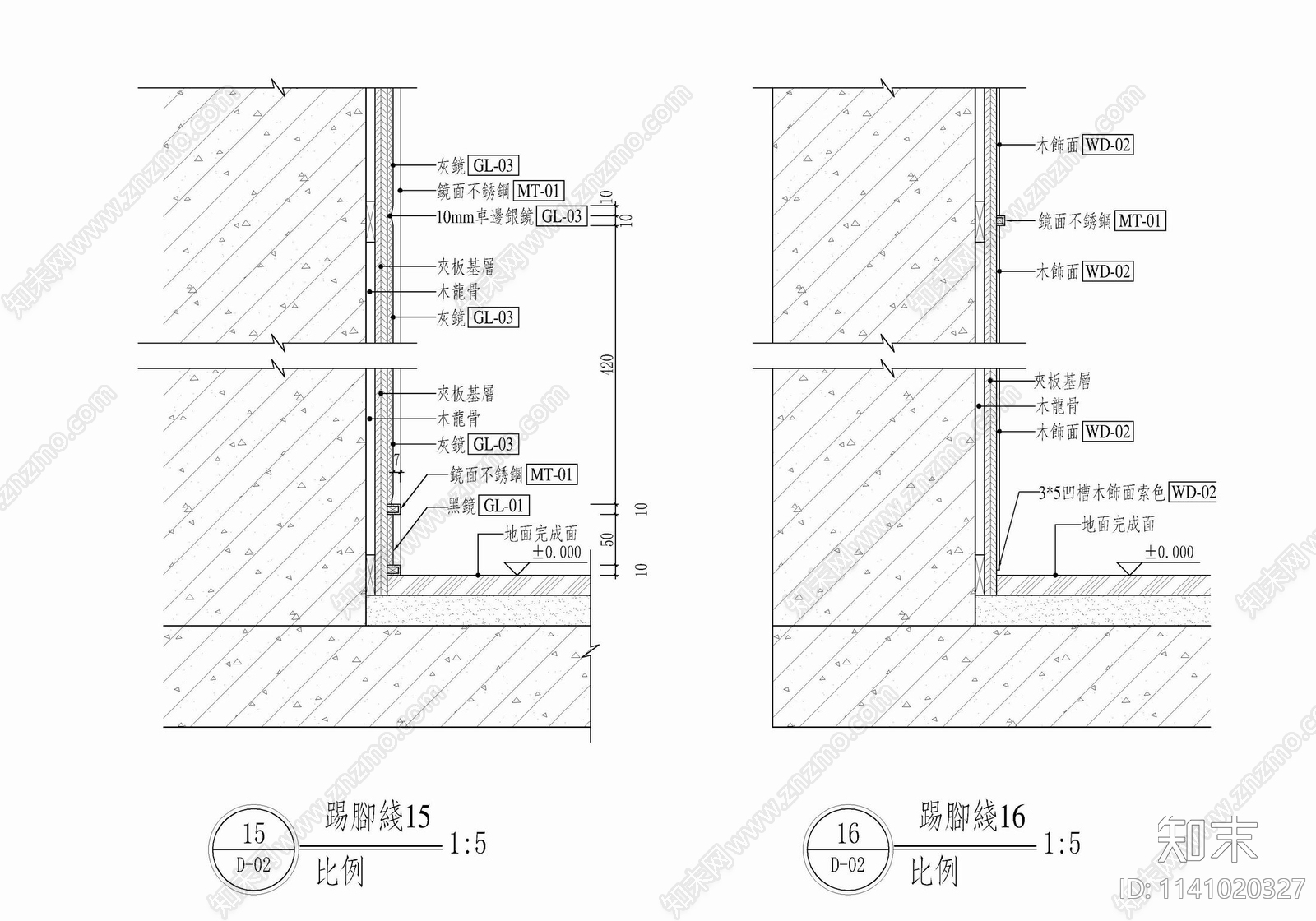 踢脚线与各类墙面装饰收口详图cad施工图下载【ID:1141020327】