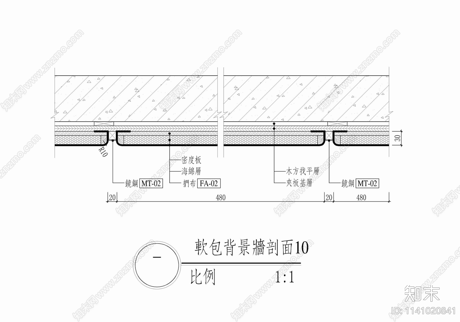 软包背景墙剖面详图施工图下载【ID:1141020841】