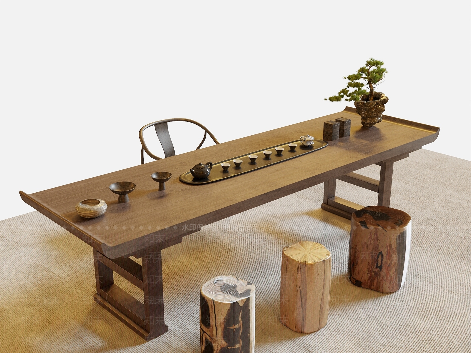 新中式茶桌椅组合3D模型下载【ID:1142005564】