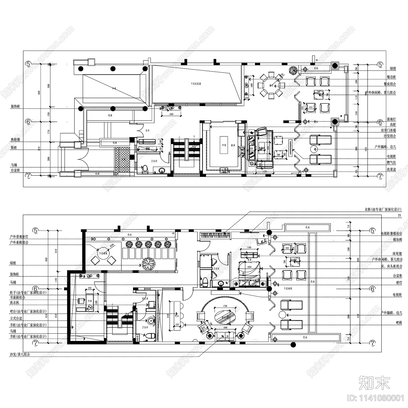 现代简约海南美岭湖二层别墅室内家装cad施工图下载【ID:1141080001】