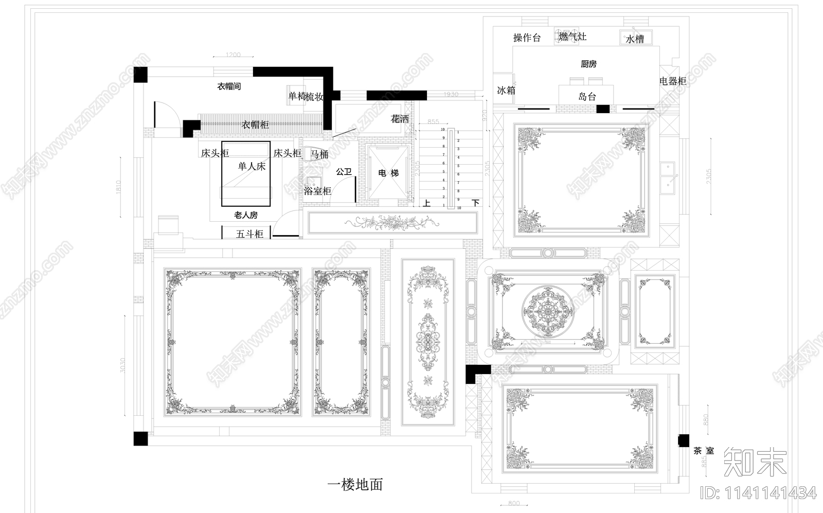 欧式水刀拼花地面cad施工图下载【ID:1141141434】