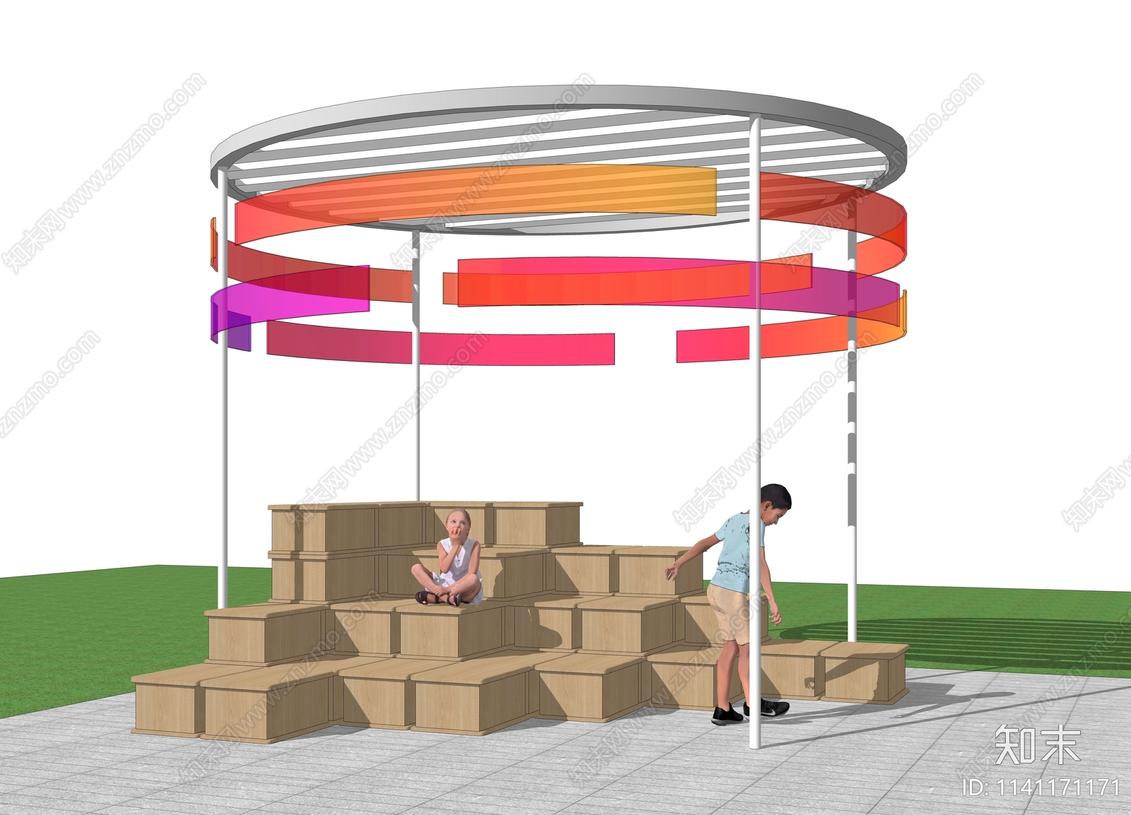 现代户外公共艺术圆形休憩亭SU模型下载【ID:1141171171】