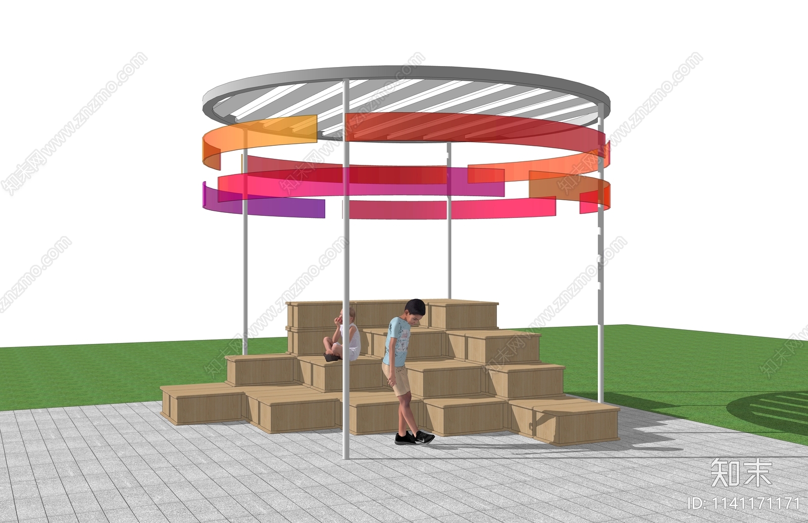 现代户外公共艺术圆形休憩亭SU模型下载【ID:1141171171】
