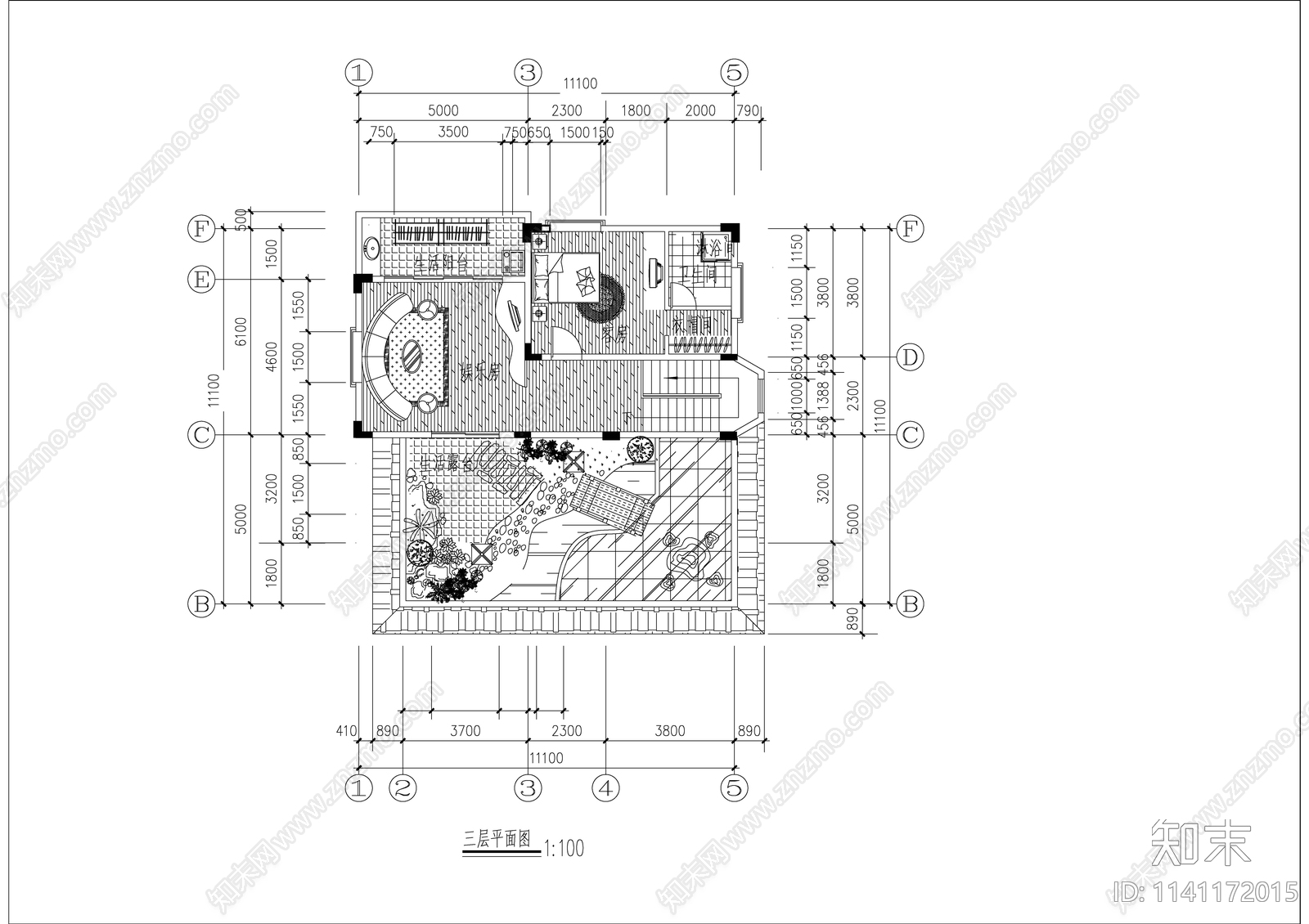 别墅室内装修及屋顶花园cad施工图下载【ID:1141172015】