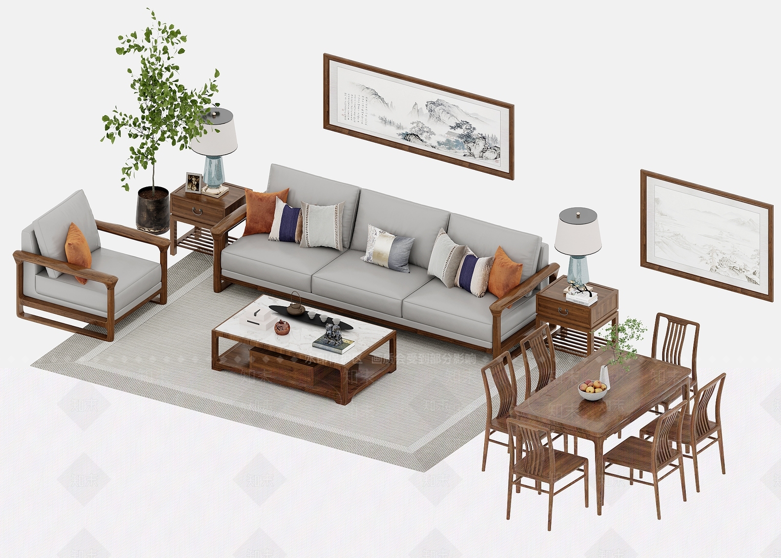 新中式沙发茶几3D模型下载【ID:1141208642】