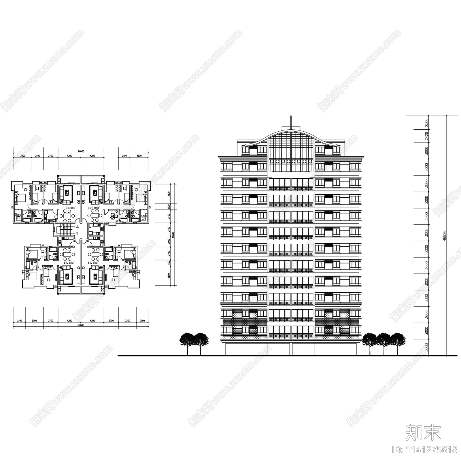 居住建筑住宅楼cad施工图下载【ID:1141275618】