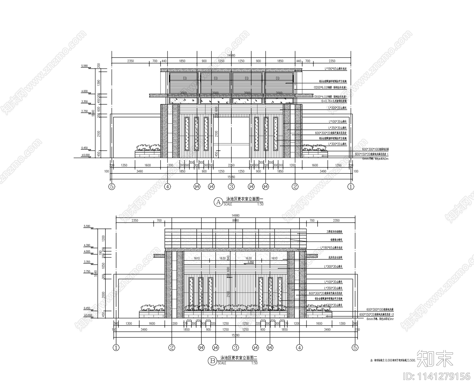 泳池区更衣室建筑cad施工图下载【ID:1141279156】