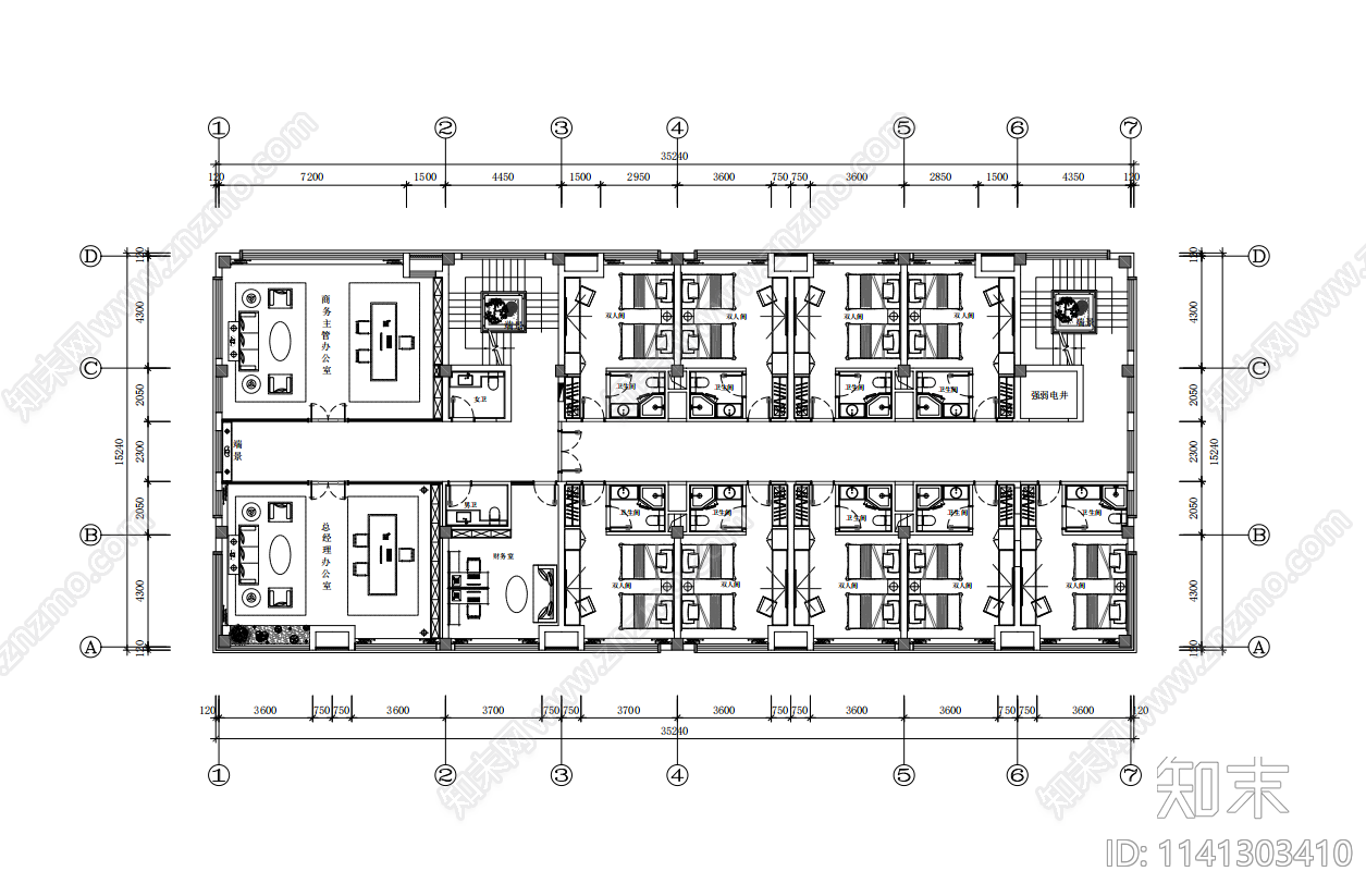 1400平办公室室内装饰cad施工图下载【ID:1141303410】
