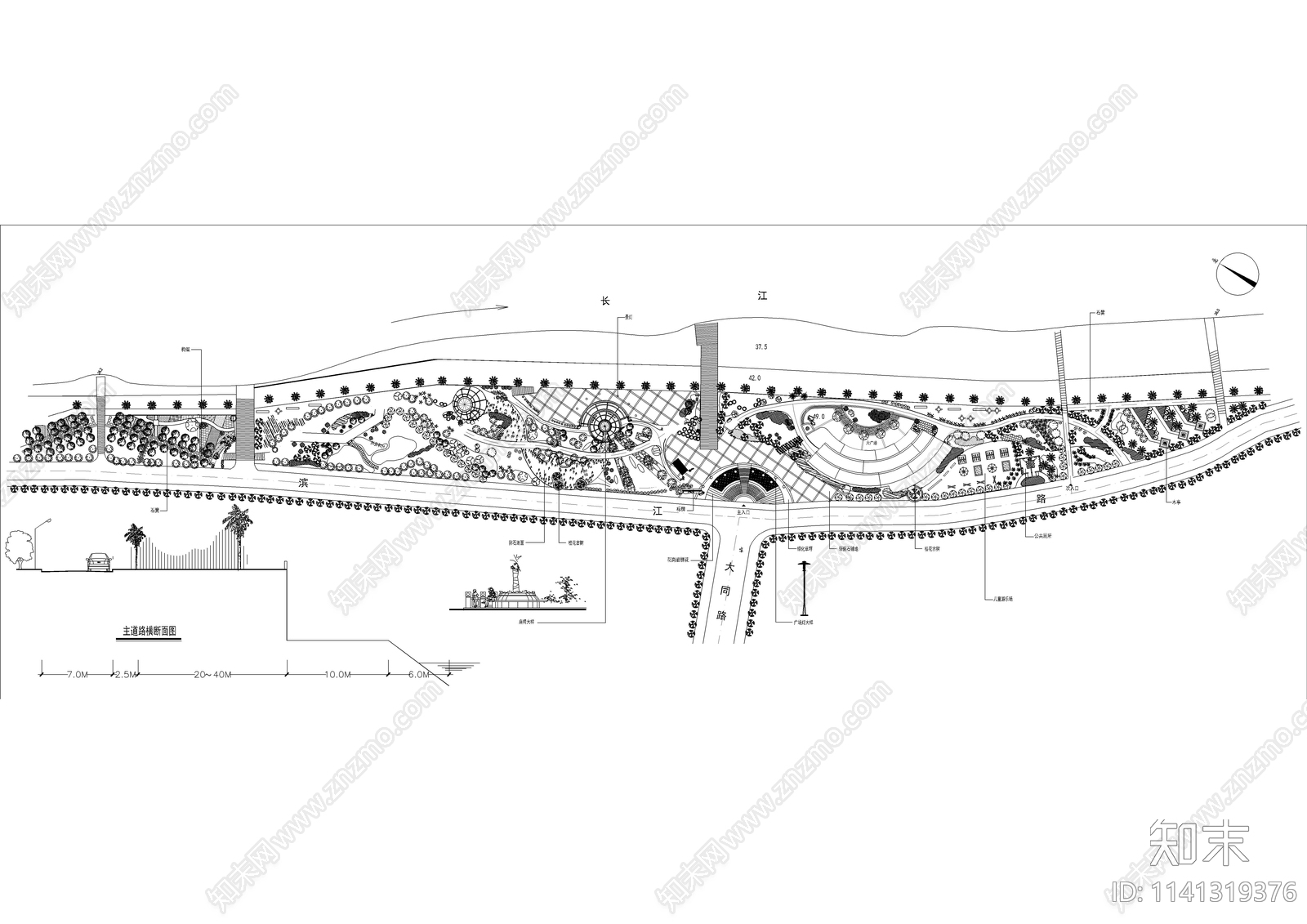 镇滨江公园景观规划平面图施工图下载【ID:1141319376】
