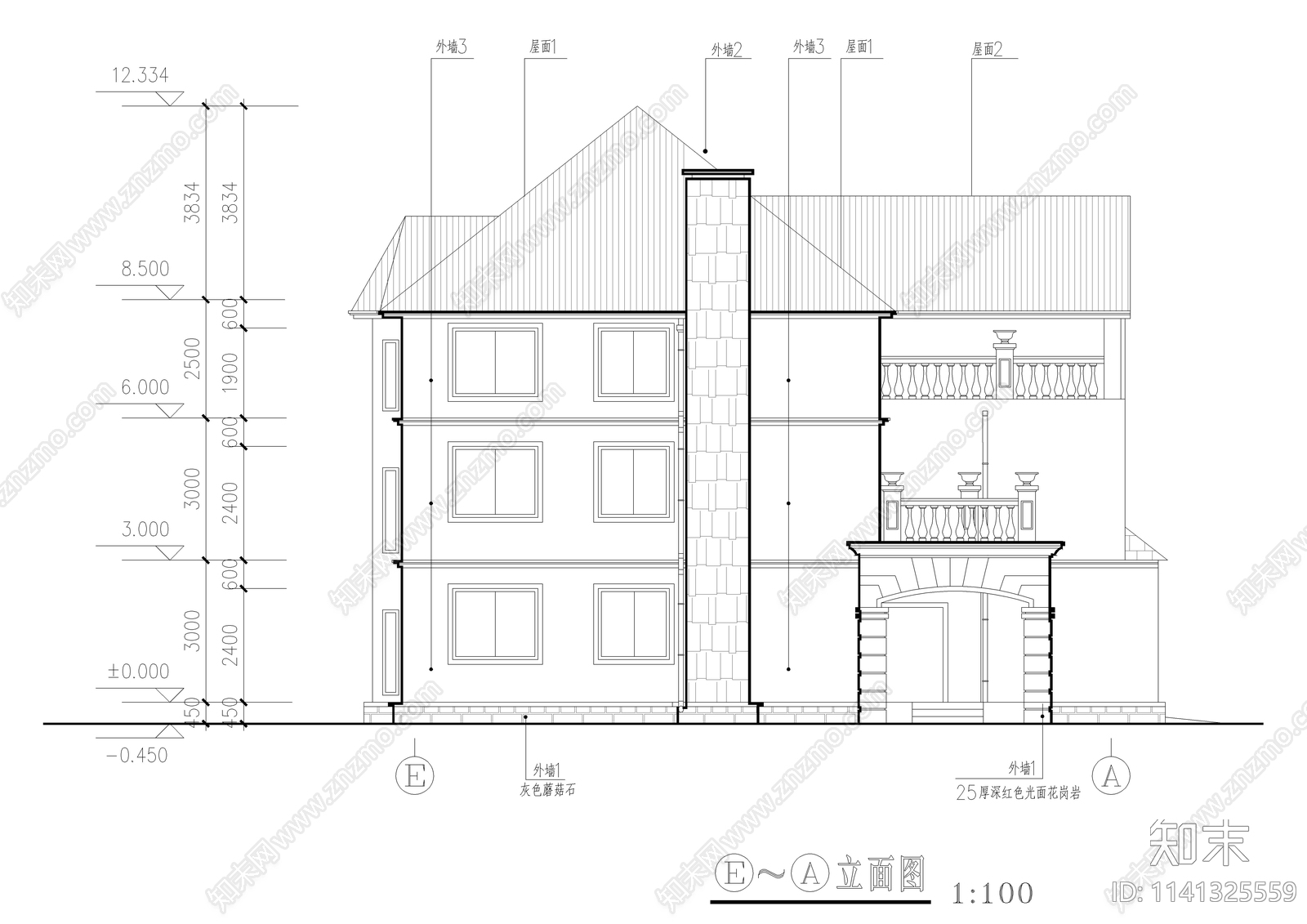 450平三层农村自建别墅建筑cad施工图下载【ID:1141325559】