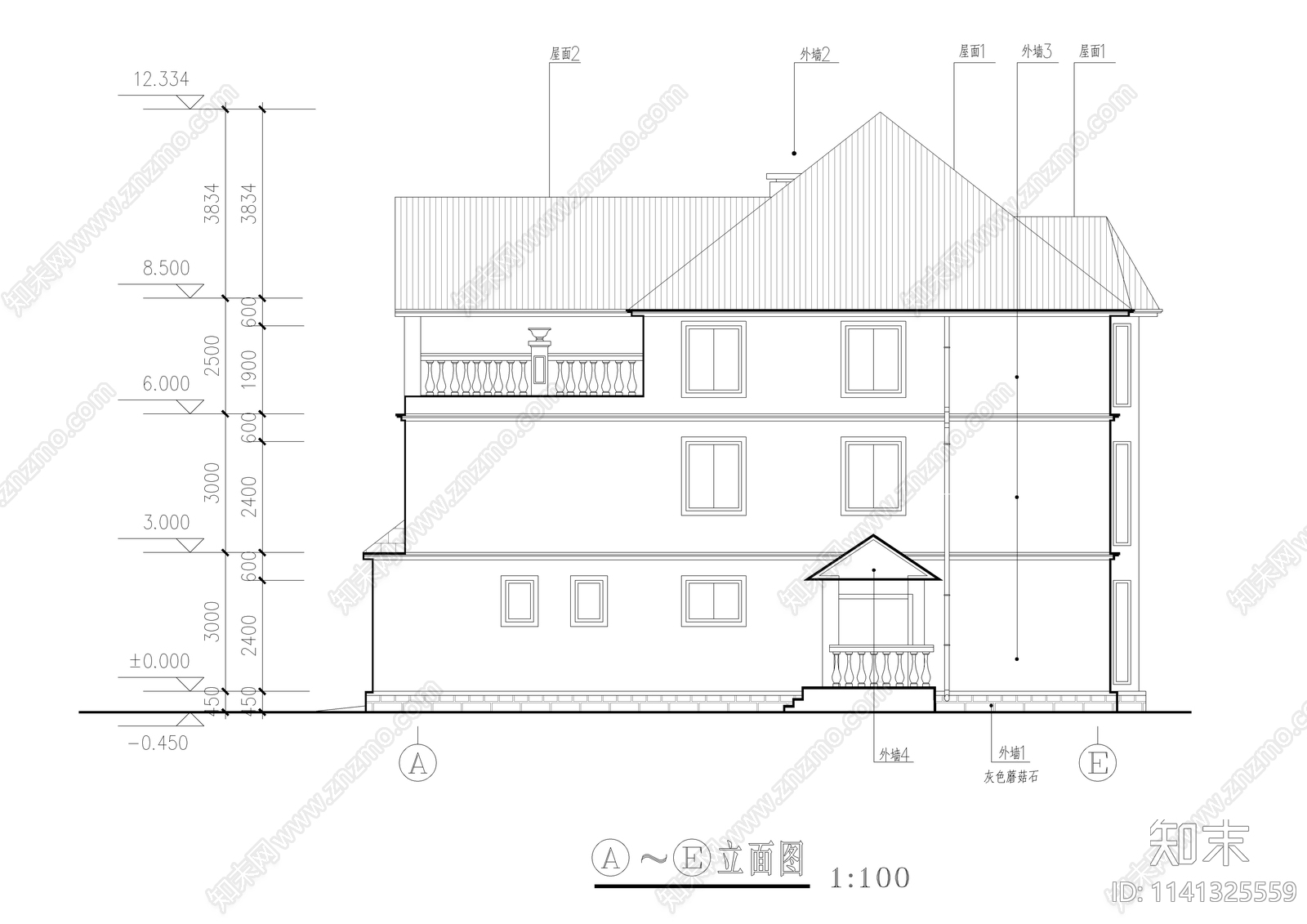 450平三层农村自建别墅建筑cad施工图下载【ID:1141325559】