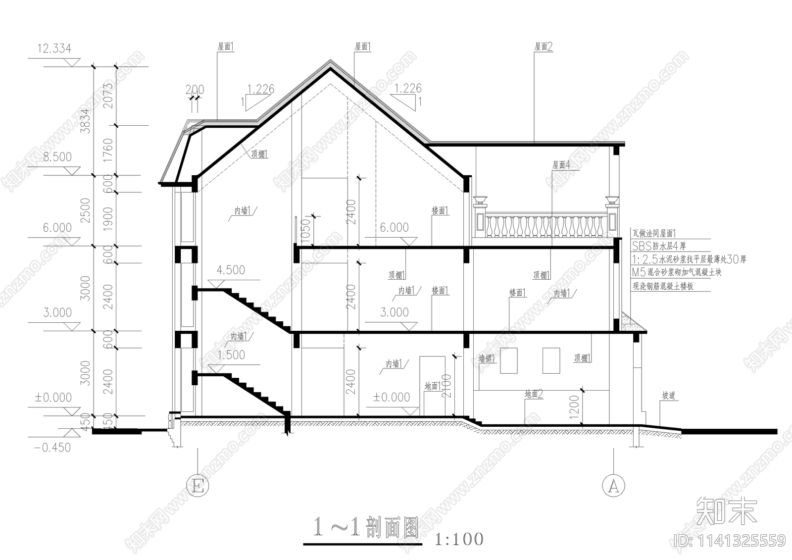 450平三层农村自建别墅建筑cad施工图下载【ID:1141325559】