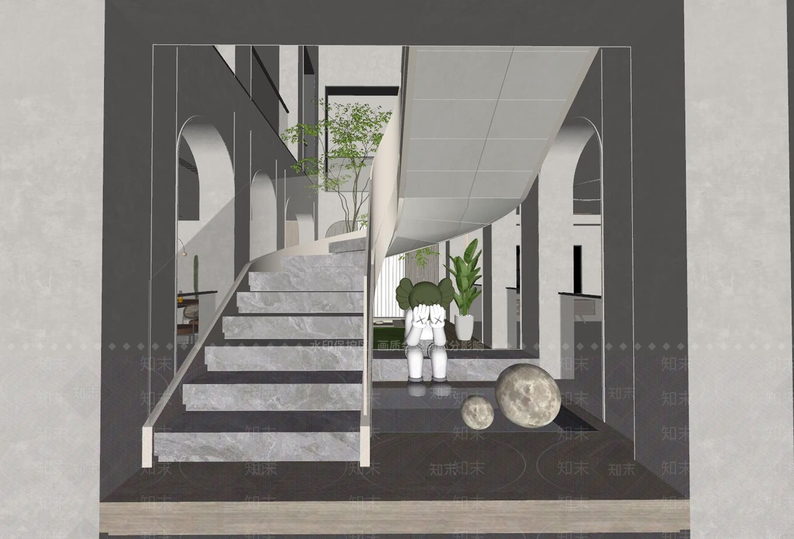 侘寂风别墅楼梯间SU模型下载【ID:1141334509】