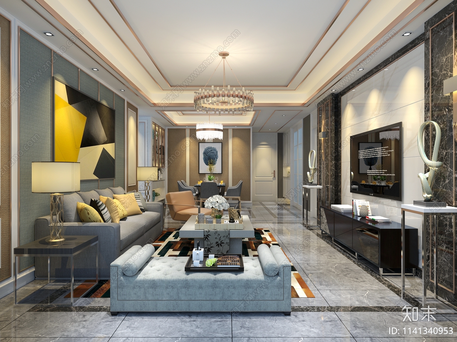 现代平层家装室内装饰施工图下载【ID:1141340953】