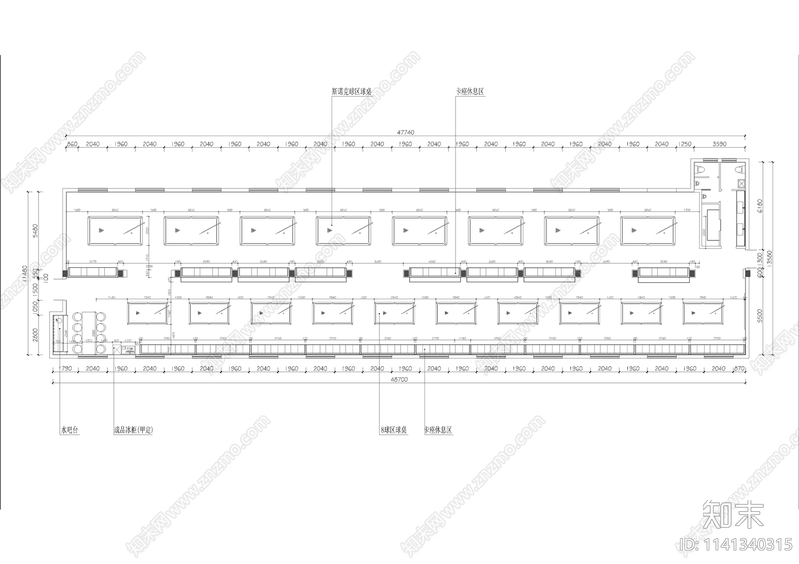 台球俱乐部室内装修cad施工图下载【ID:1141340315】