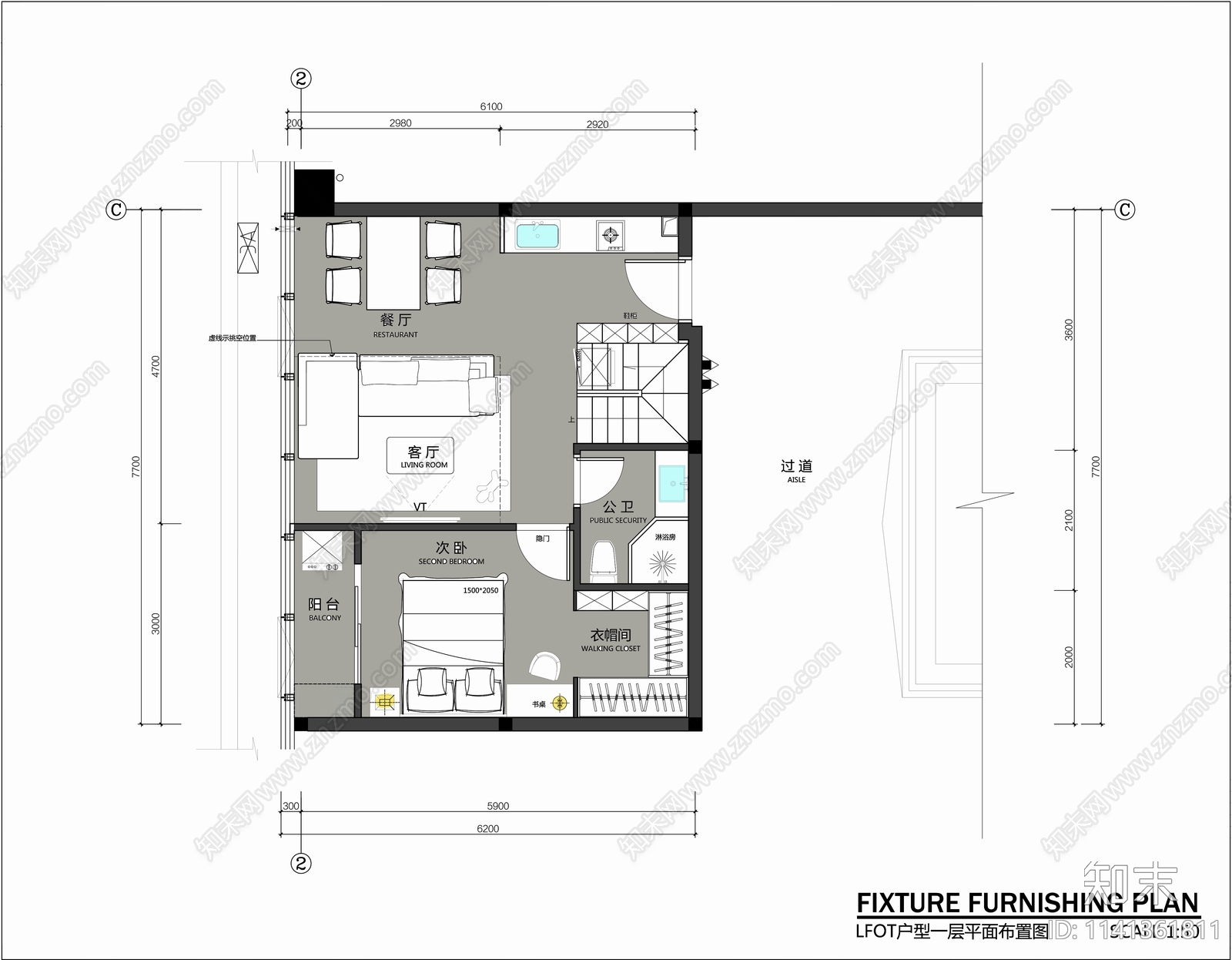 LOFT复式公寓室内平面布置图施工图下载【ID:1141361811】
