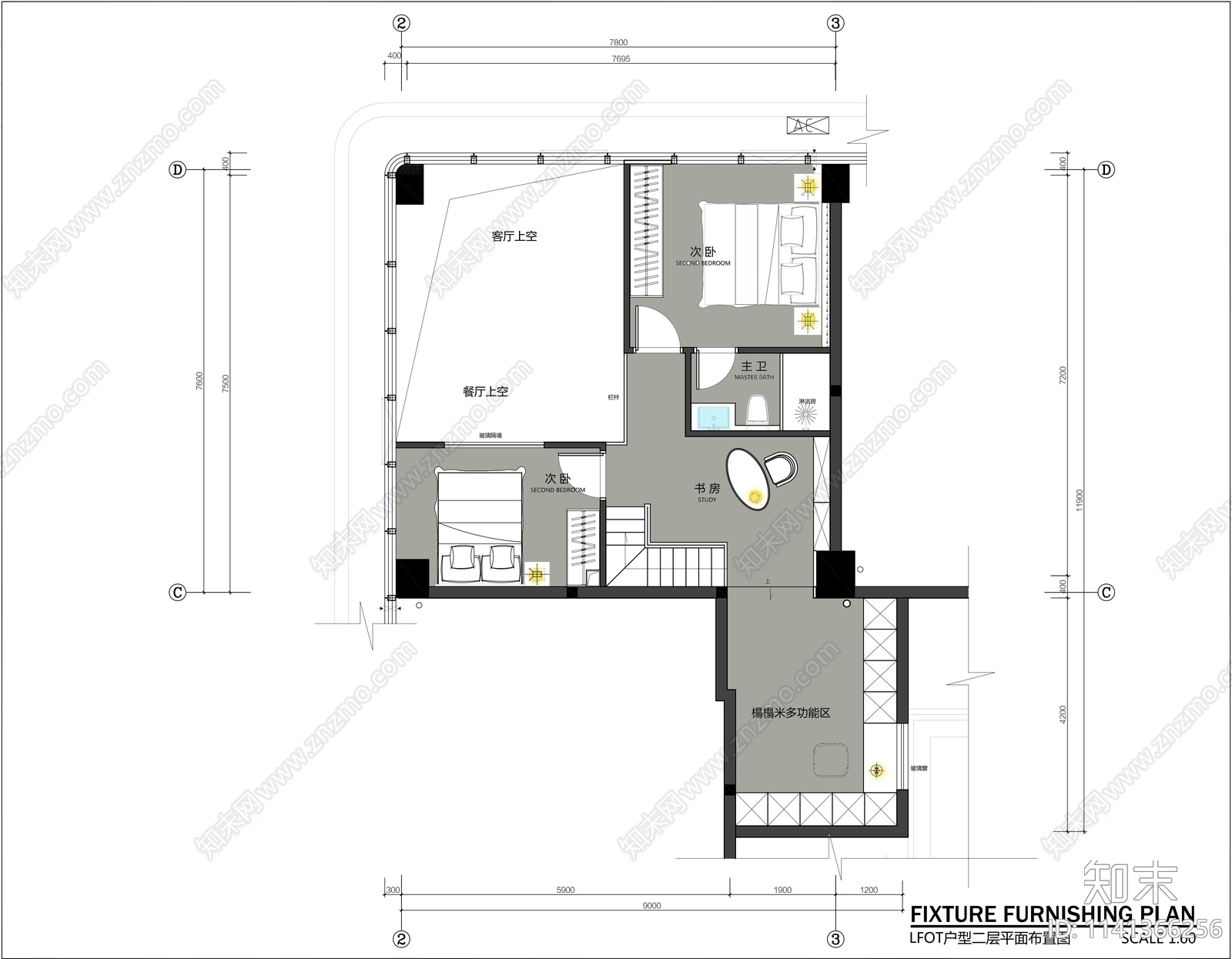 LOFT复式公寓室内平面布置图施工图下载【ID:1141366256】