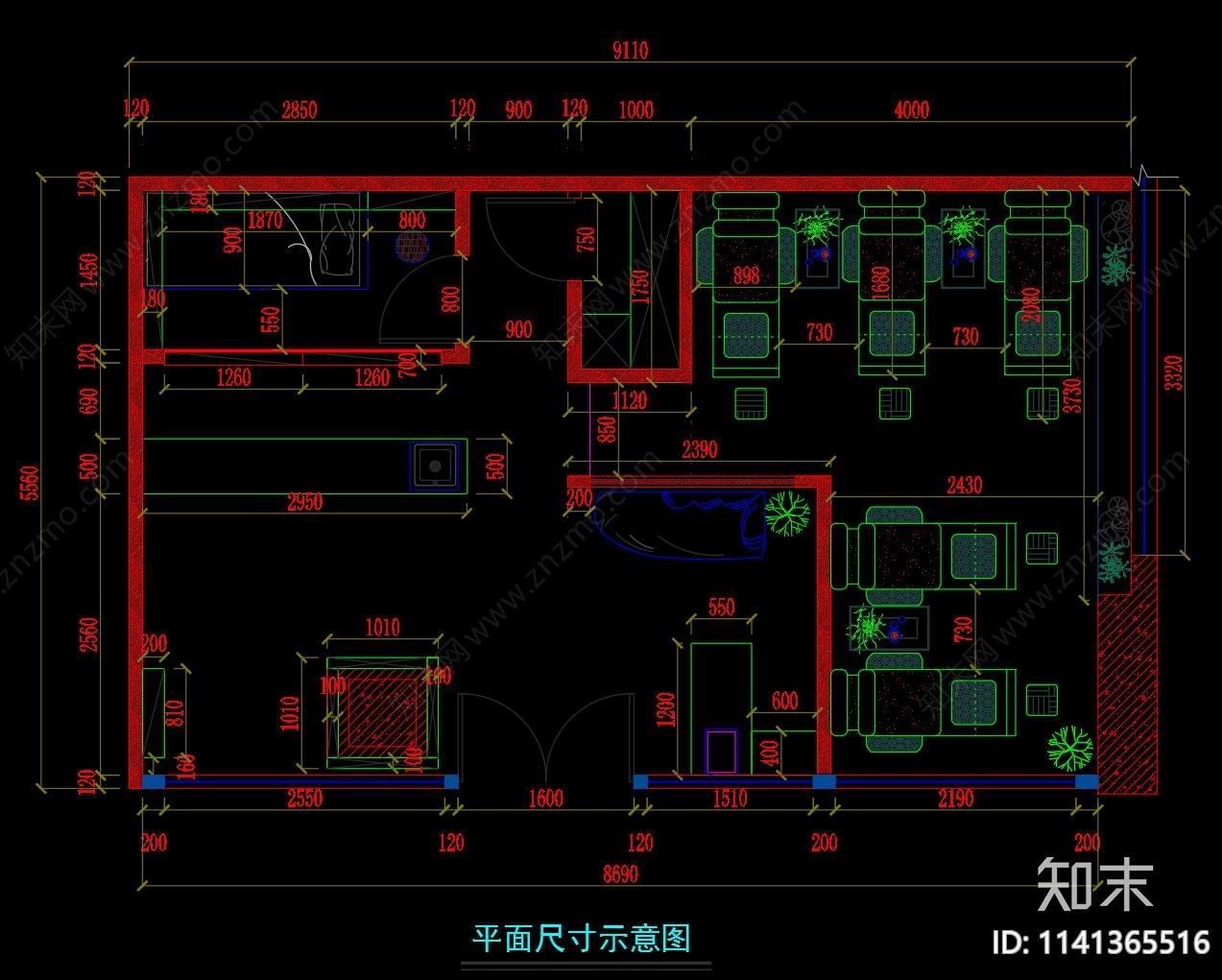 美甲店室内装修cad施工图下载【ID:1141365516】