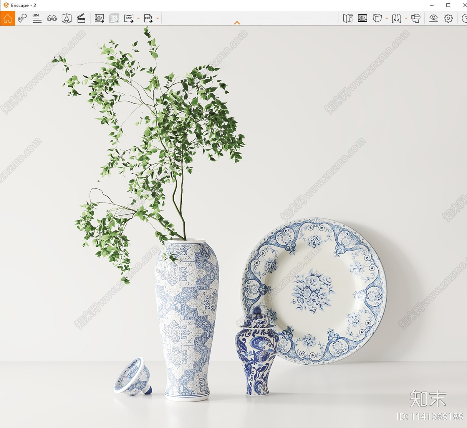 中式青花瓷花瓶盘子桌面摆件组合SU模型下载【ID:1141368188】