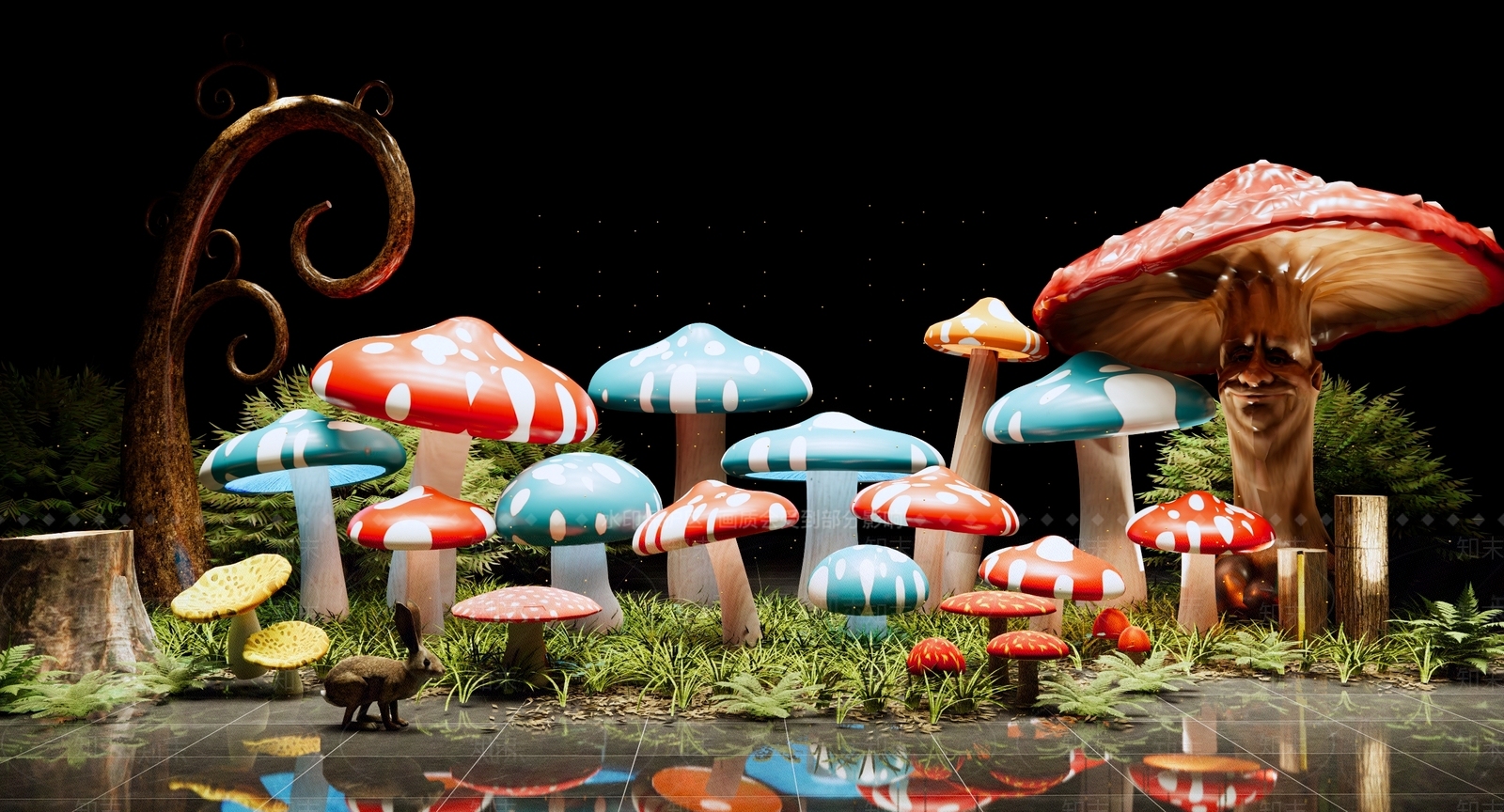 现代森林蘑菇雕塑SU模型下载【ID:1141377352】