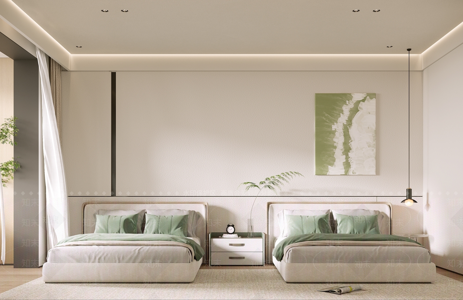 现代奶油风双床儿童房3D模型下载【ID:1141387789】