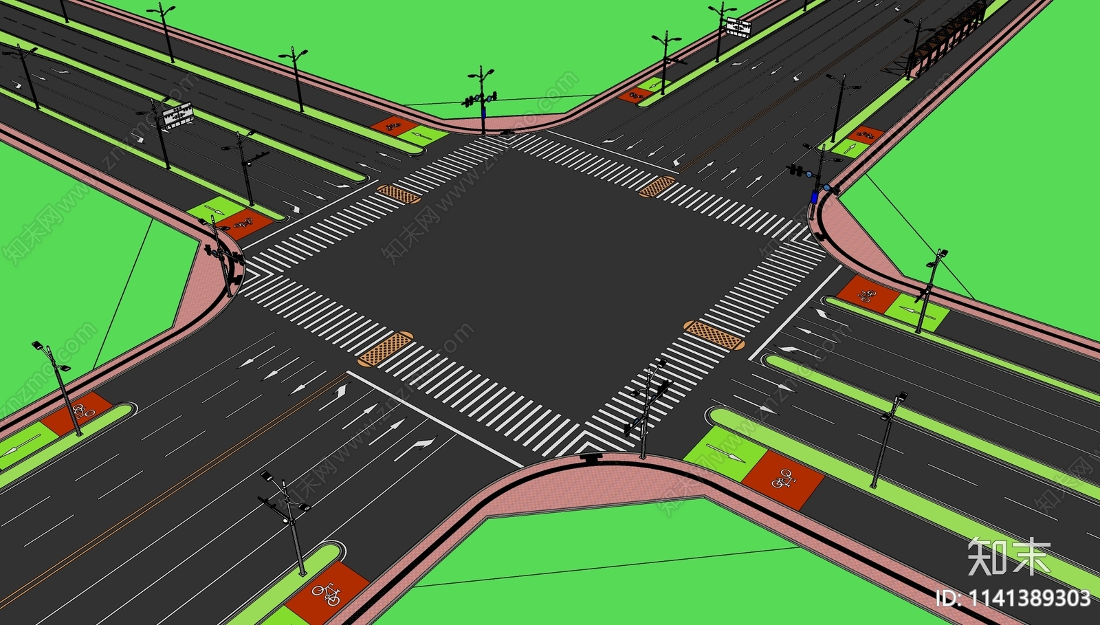 现代城市主干道交叉路口SU模型下载【ID:1141389303】