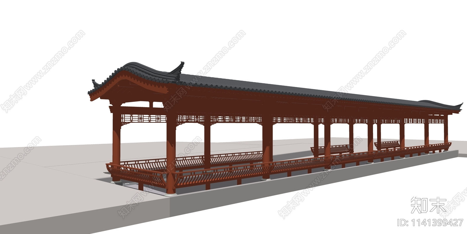 中式仿古木结构长廊SU模型下载【ID:1141399427】