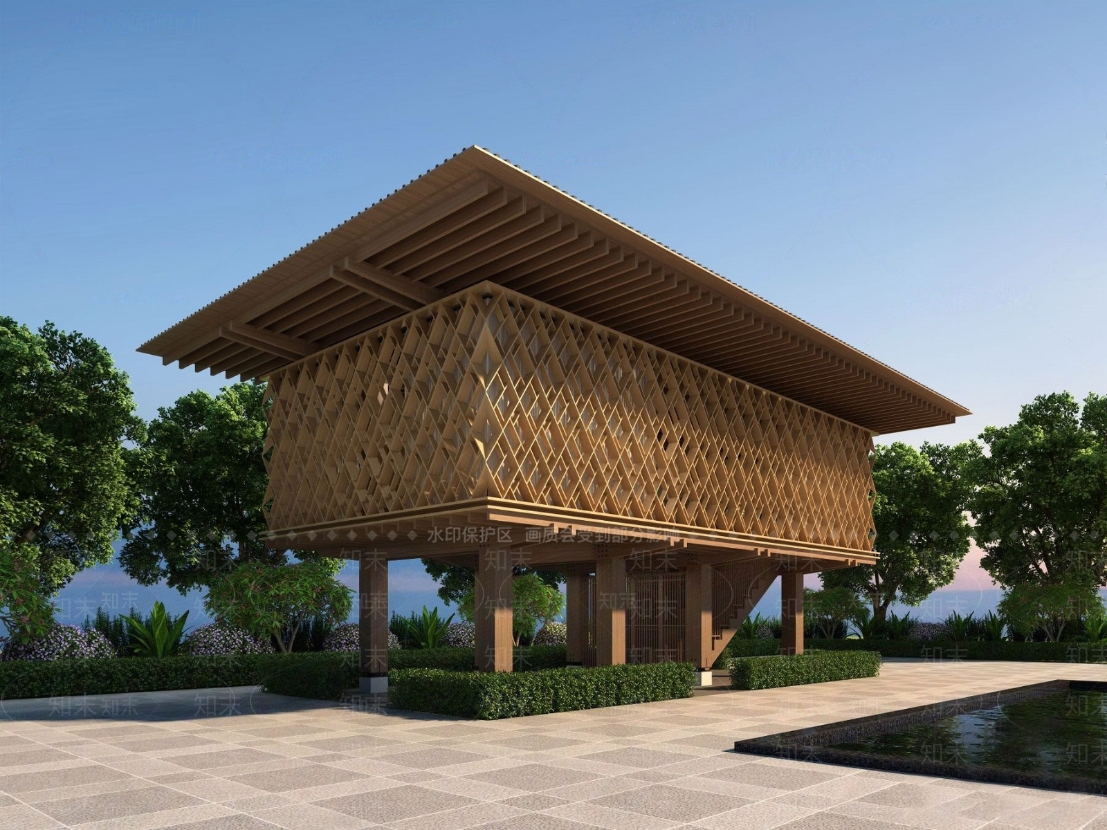 现代Wara架空图书馆建筑SU模型下载【ID:1141402888】
