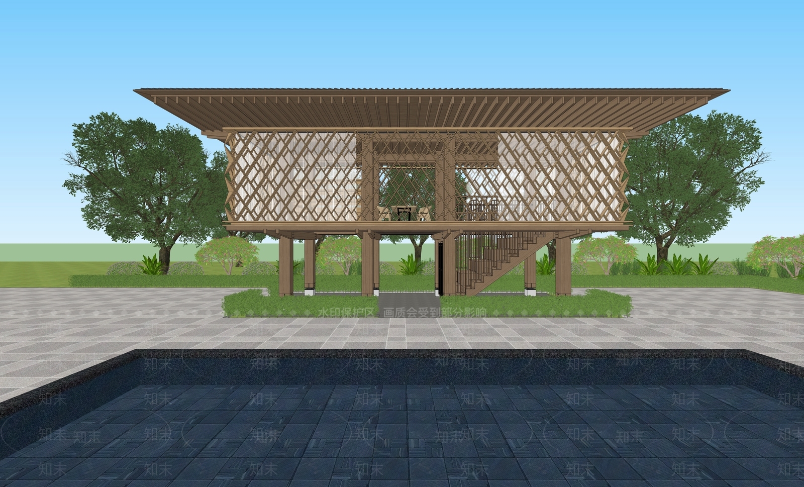现代Wara架空图书馆建筑SU模型下载【ID:1141402888】