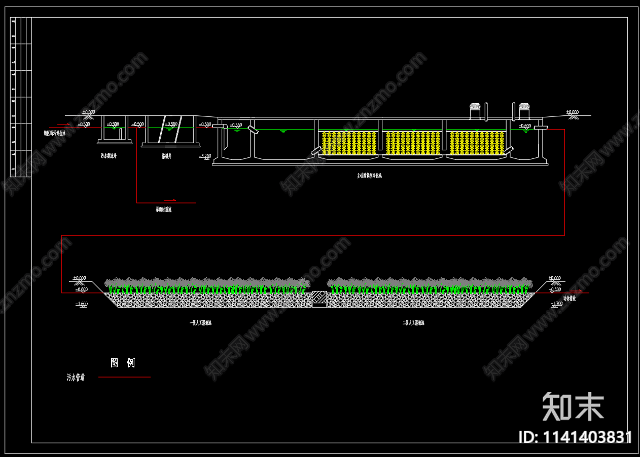 生活污水处理主动增氧型人工湿地cad施工图下载【ID:1141403831】