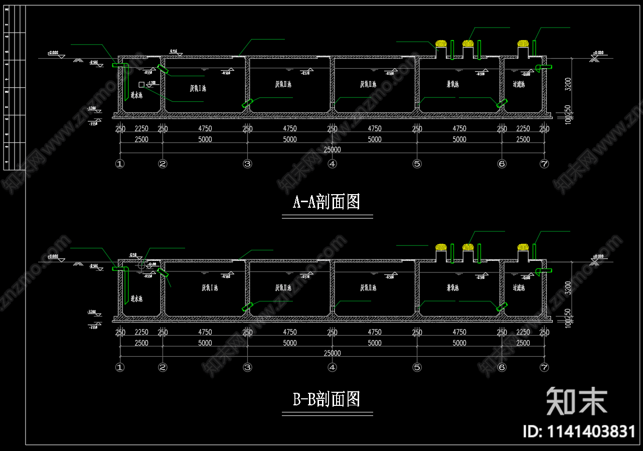 生活污水处理主动增氧型人工湿地cad施工图下载【ID:1141403831】