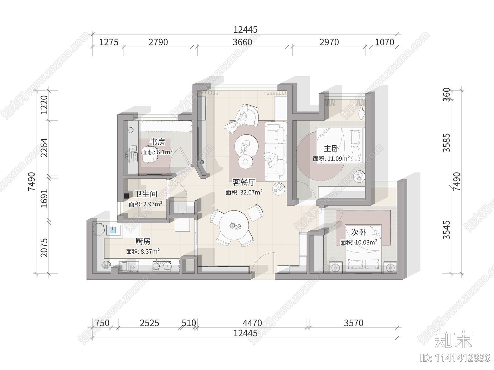 平层家装室内平面图cad施工图下载【ID:1141412836】