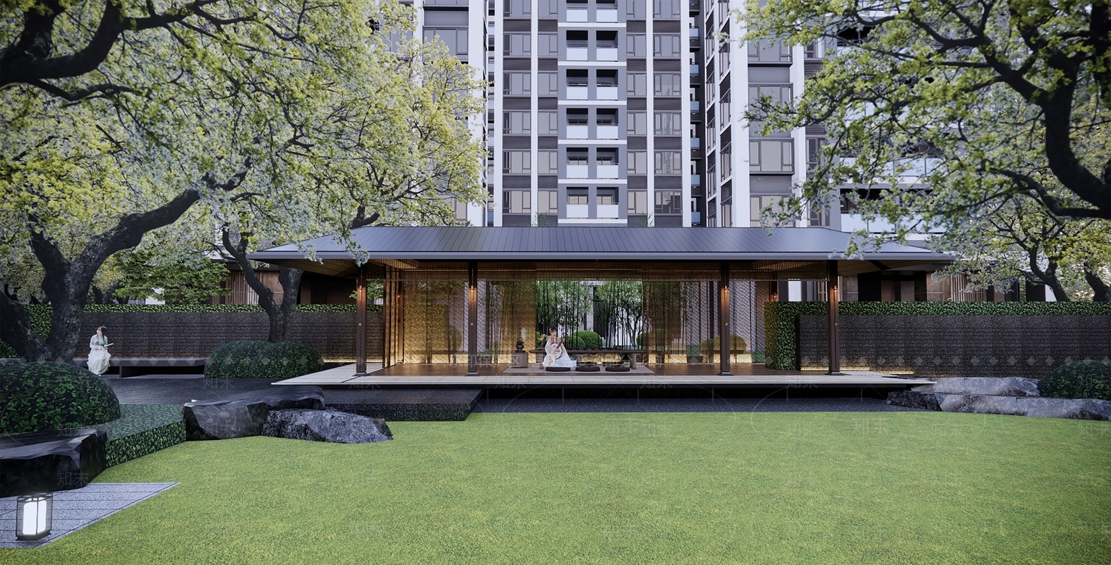 现代休闲禅意中庭景观廊架模型SU模型下载【ID:1141428413】